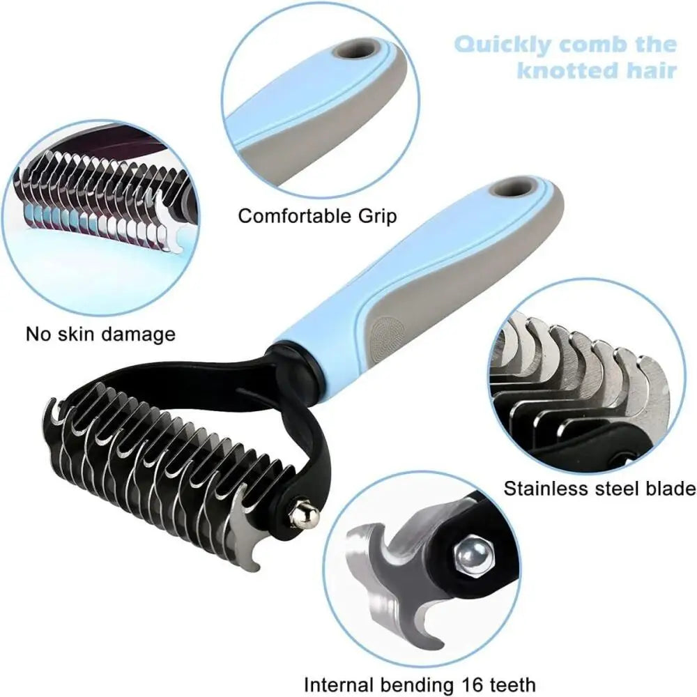 Large Blue Cat Deshedding Brush, Stainless Steel Undercoat Rake and Dematting Comb for Cats, Grooming Tool for Mat Prevention