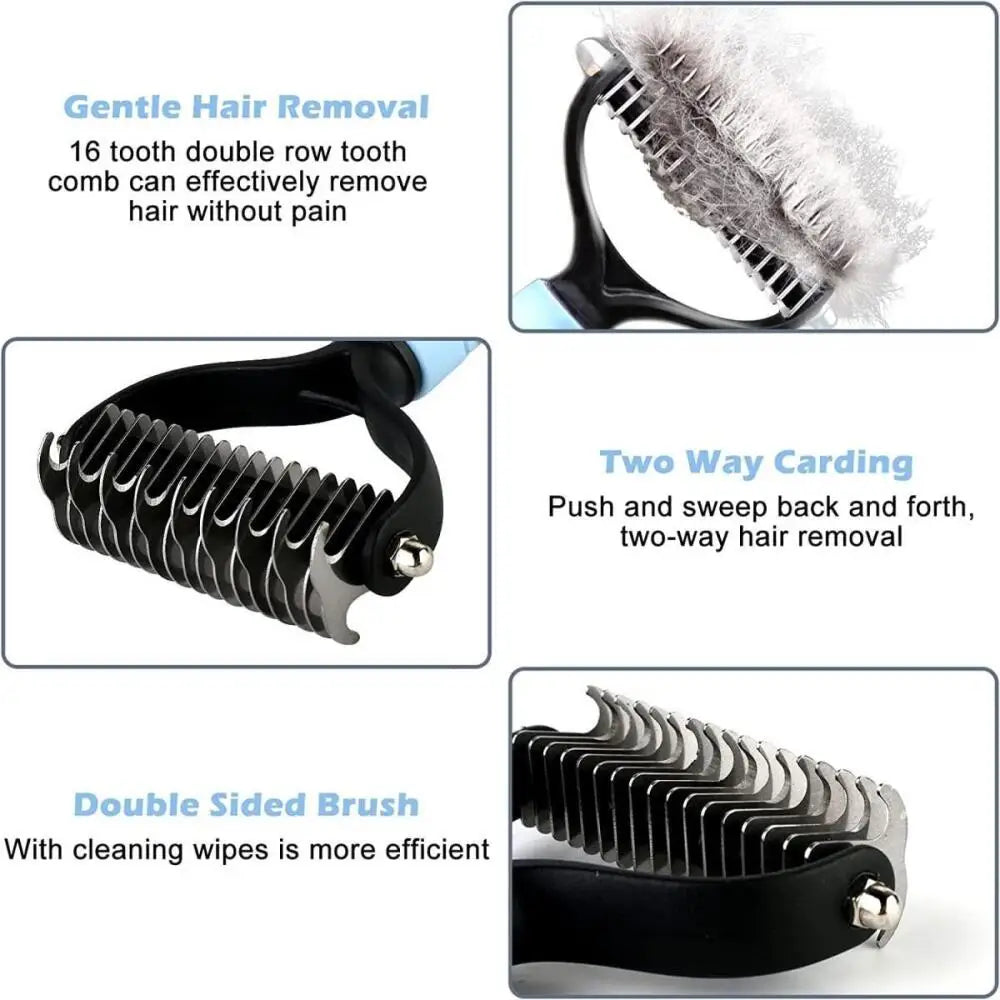 Large Blue Cat Deshedding Brush, Stainless Steel Undercoat Rake and Dematting Comb for Cats, Grooming Tool for Mat Prevention