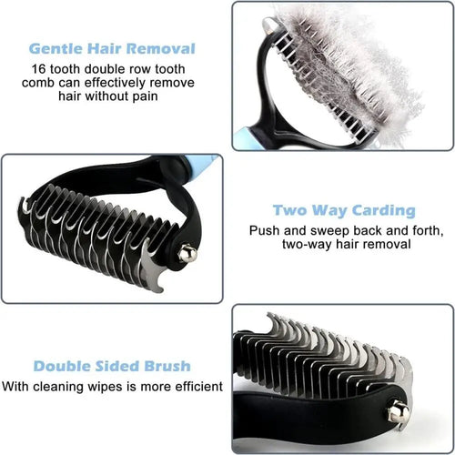 Large Blue Cat Deshedding Brush, Stainless Steel Undercoat Rake and Dematting Comb for Cats, Grooming Tool for Mat Prevention